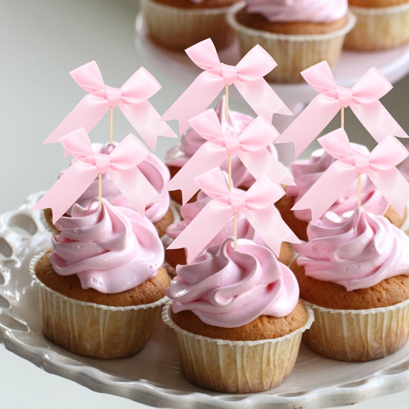 Rweseo Pink Bow Cupcake Toppers - Pink Bow Cake Topper Pink Bow Birthday Decorations Coquette Themed Party Decoration Bridal Shower Bachelorette Cake Toppers - Image 1
